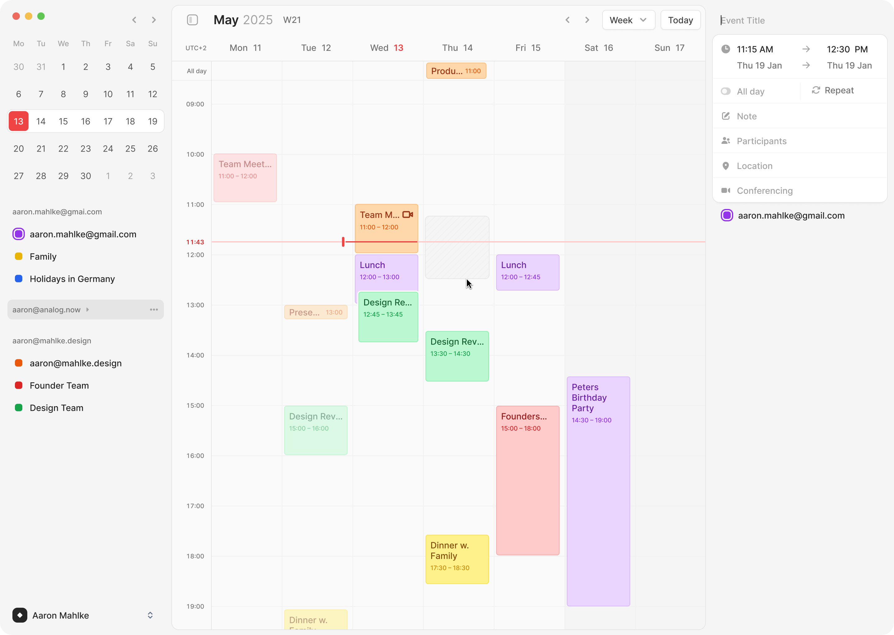 Weekly calendar view with color-coded events and event detail panel
