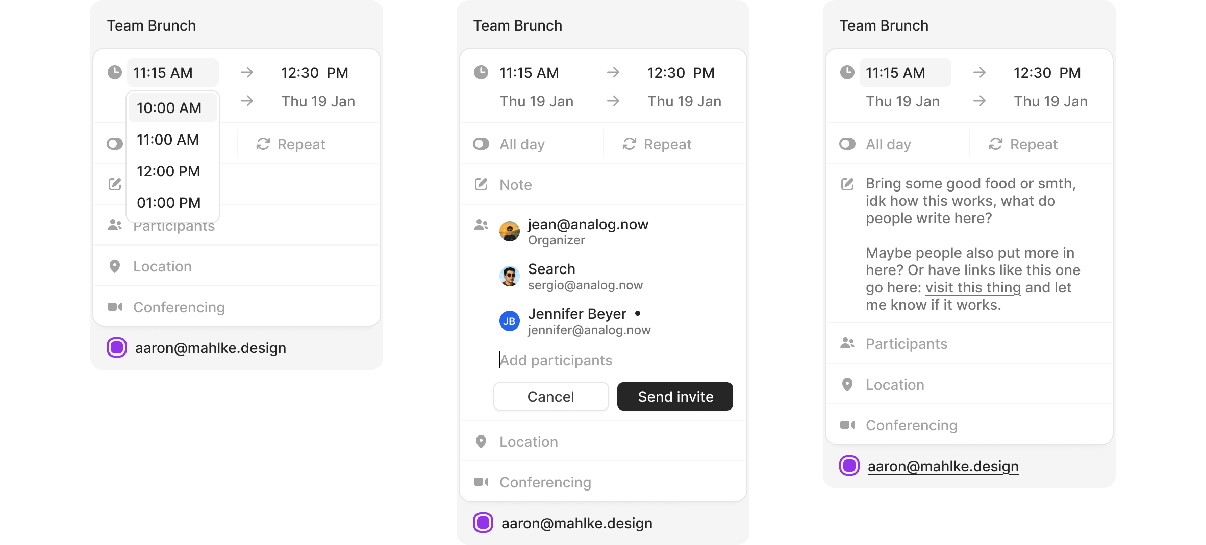 Calendar event editor with participants and conferencing options